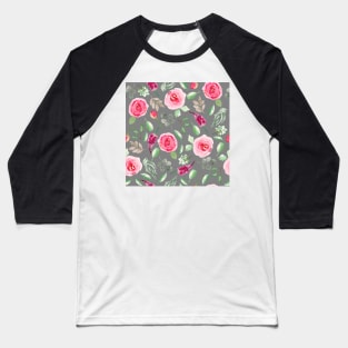 Red Roses on Grey  | Watercolor | Pattern | Grey Baseball T-Shirt